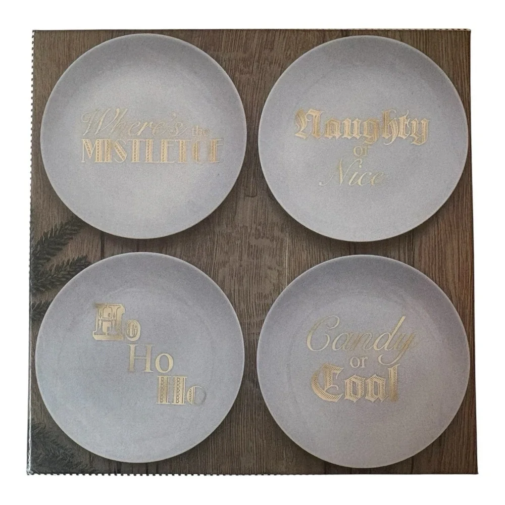 Prima Design Holiday Porcelain Appetizer Plates Set of 4 with Sayings NIB